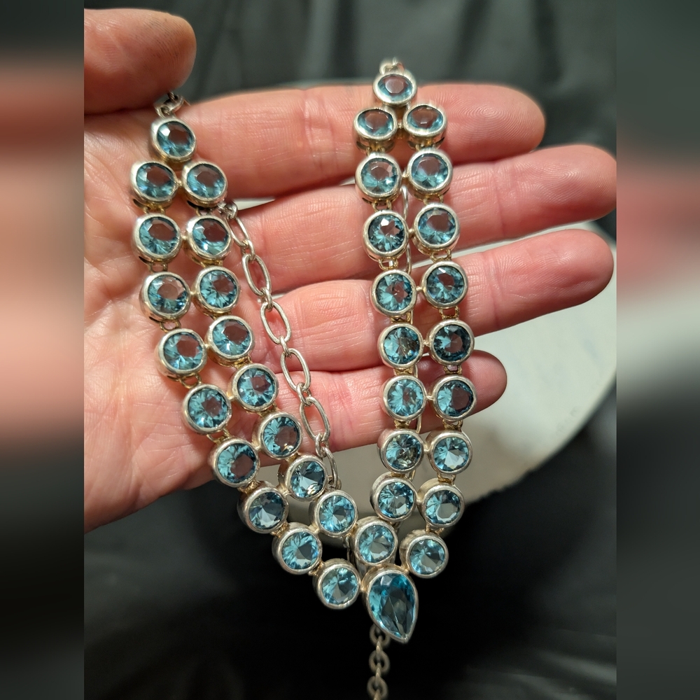 * SOLD * Blue Topaz and Sterling Silver Necklace Adjustable Length Stamped 925
